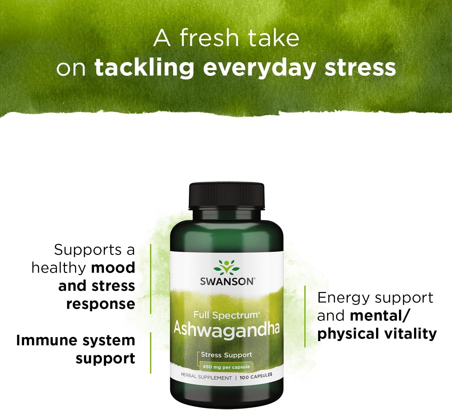Swanson Full Spectrum Ashwagandha supplement bottle with text on a green and white background