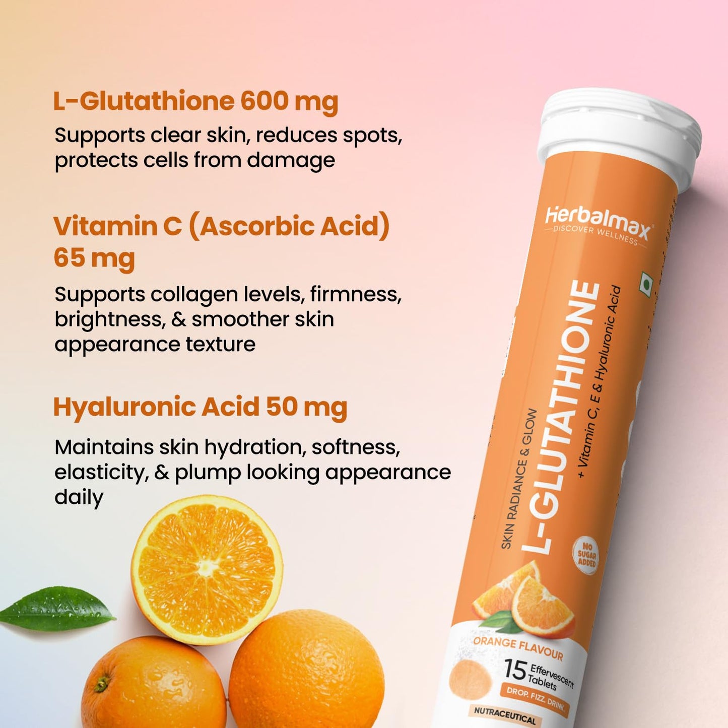 Herbalmax L-Glutathione supplement tube with oranges and text on a pink background