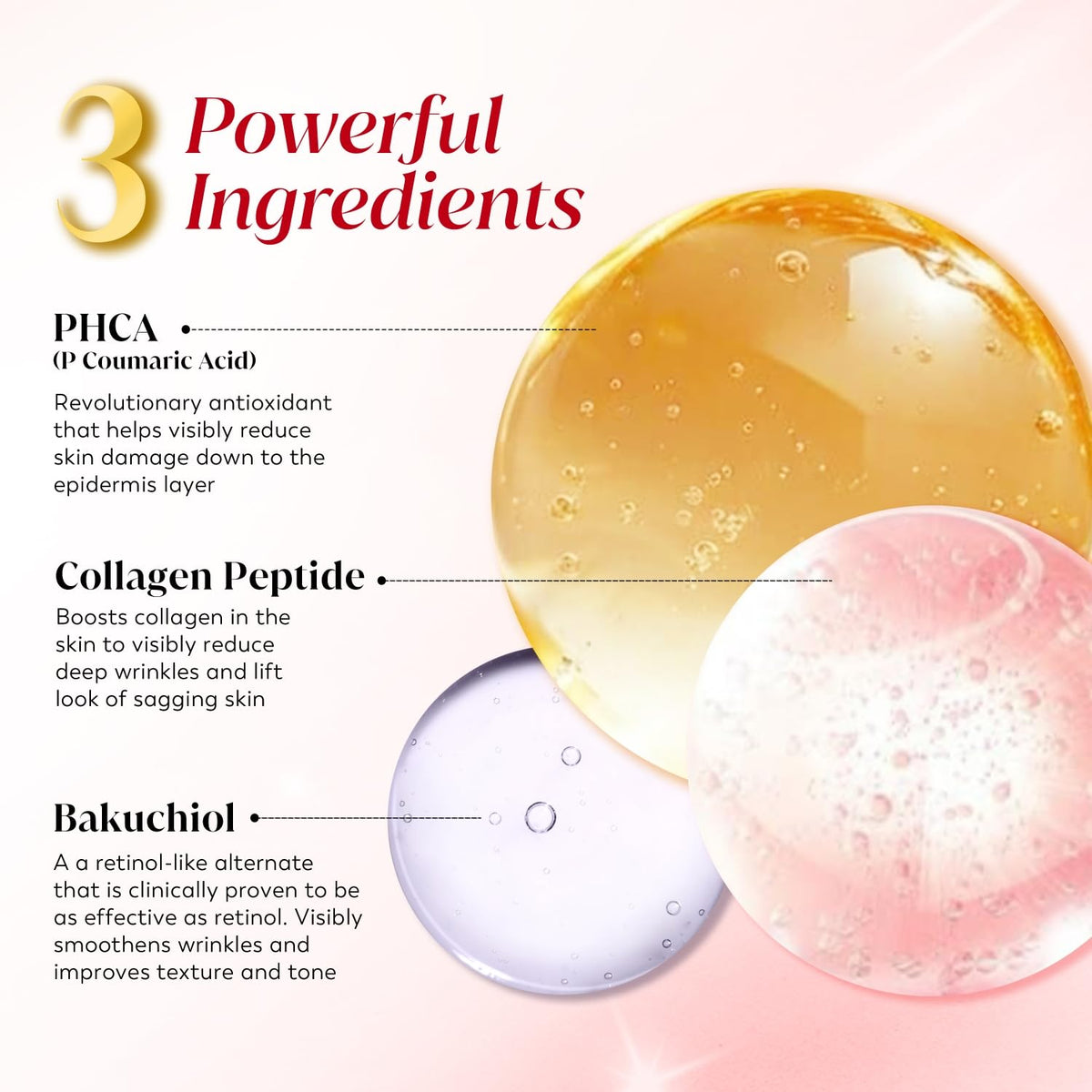 Three powerful ingredients for skincare with labeled benefits on a white background