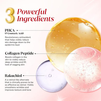 Three powerful ingredients for skincare with labeled benefits on a white background