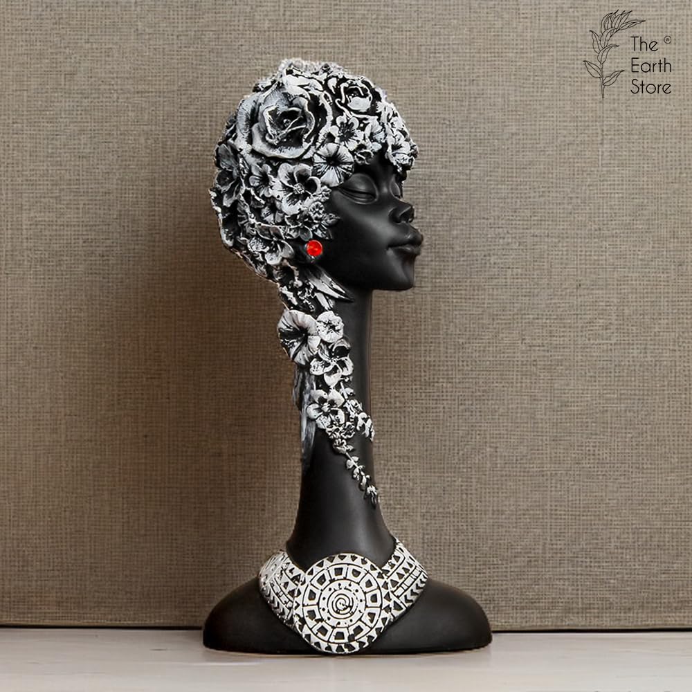 Black Lady with White Flower Head African Sculpture for Home Décor | Figurine Perfect for Office, Hotels, Restaurant, Decorative Statue Showpiece Items | African Lady Statue