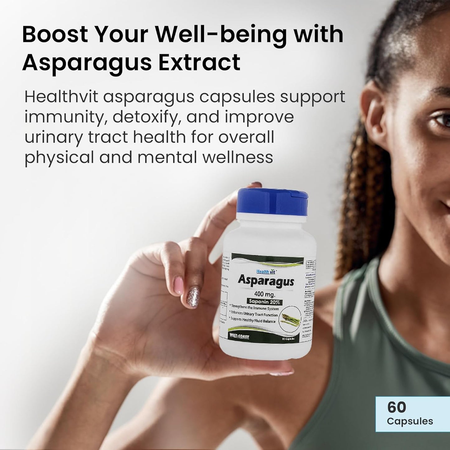 Healthvit Asparagus 400mg (20% Saponin) | Improve Immune System & Urinary Tract Function | Vegan & Gluten Free | 60 Capsules