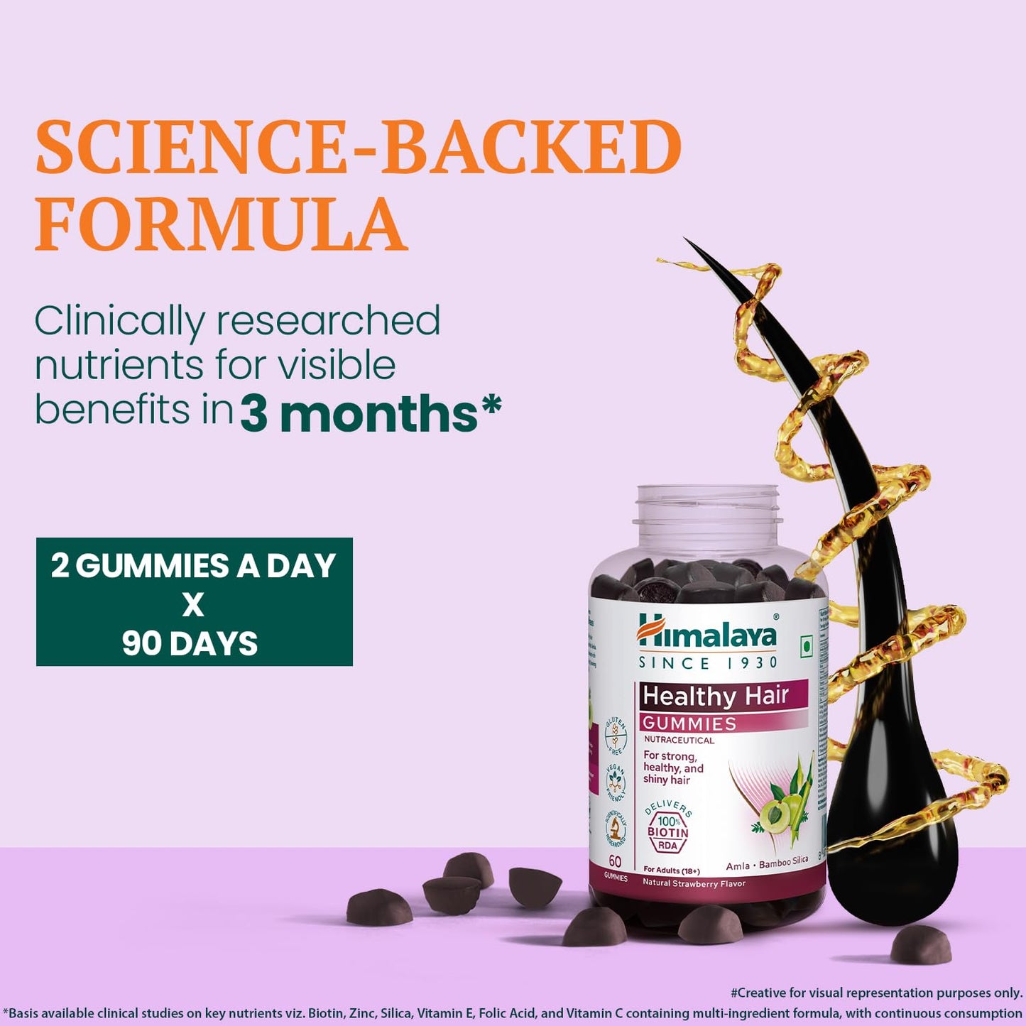 Himalaya Healthy Hair Gummies bottle with text on a purple background