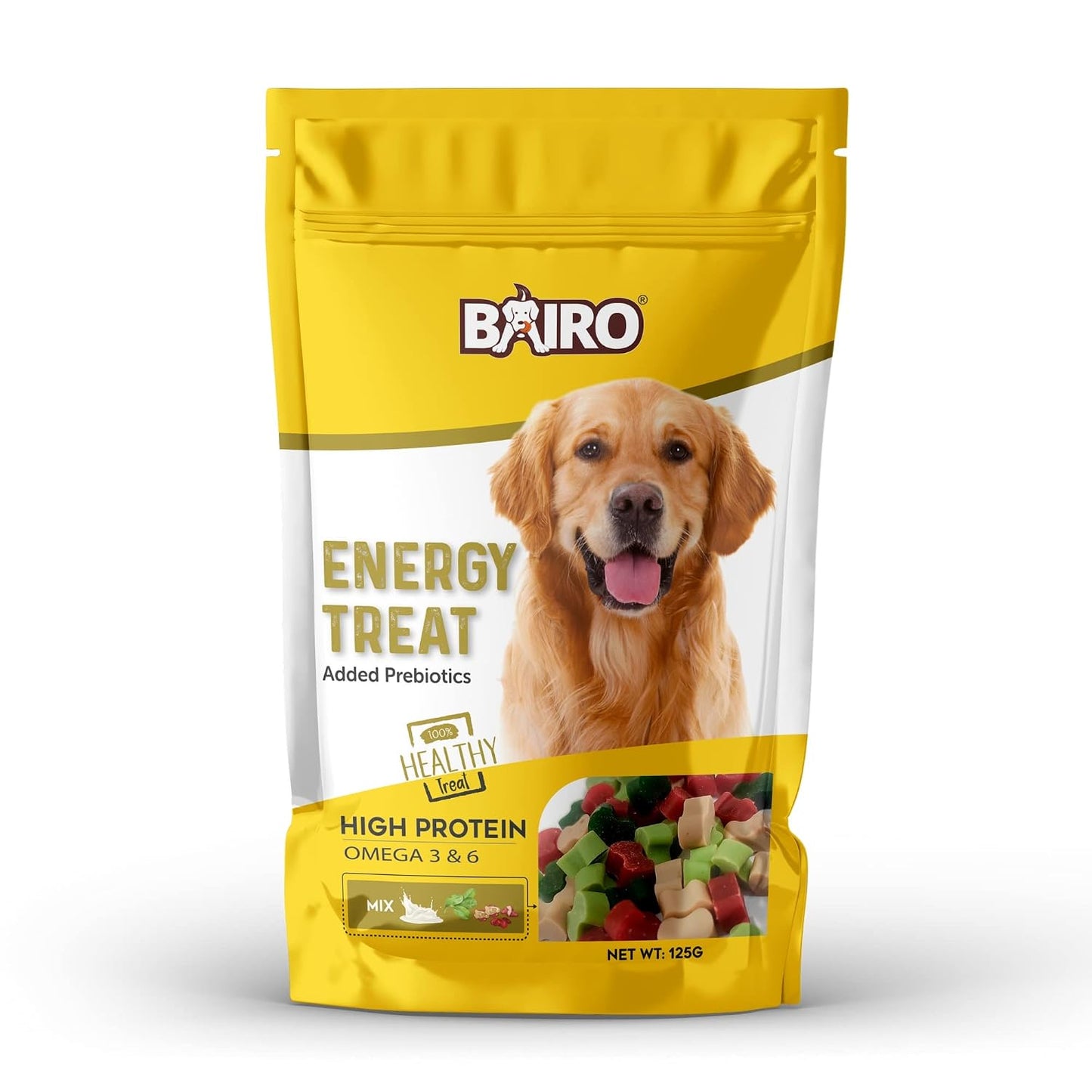 BAIRO Energy Treats Mixed Flavour Chicken, Spinach, Milk and Calcium, High Protein with Added Essential Nutrients for All Breed Dogs, 125 g Pack