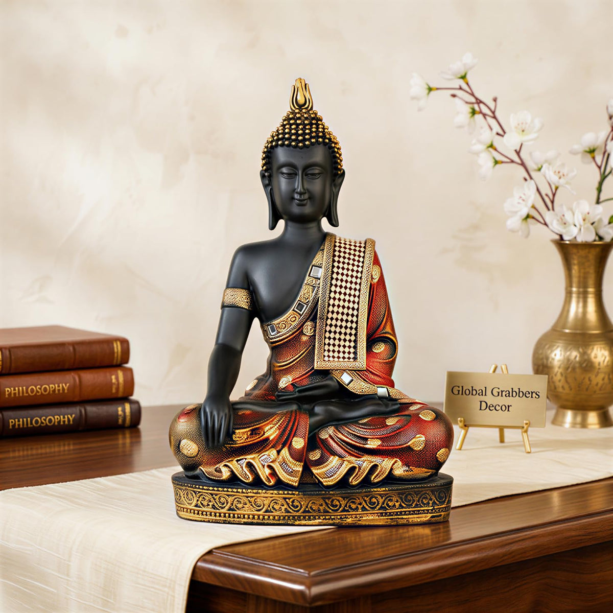 Buddha Idol Statue | Home Decoration Items for Living Room (FIRE RED Black)