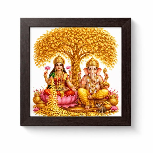 Laxmi Ganesha Gold Coin Golden Tree Money Magnet Vastu Prosperity Hindu Spiritual Mandir Religious Framed Poster Artwork Decor Painting