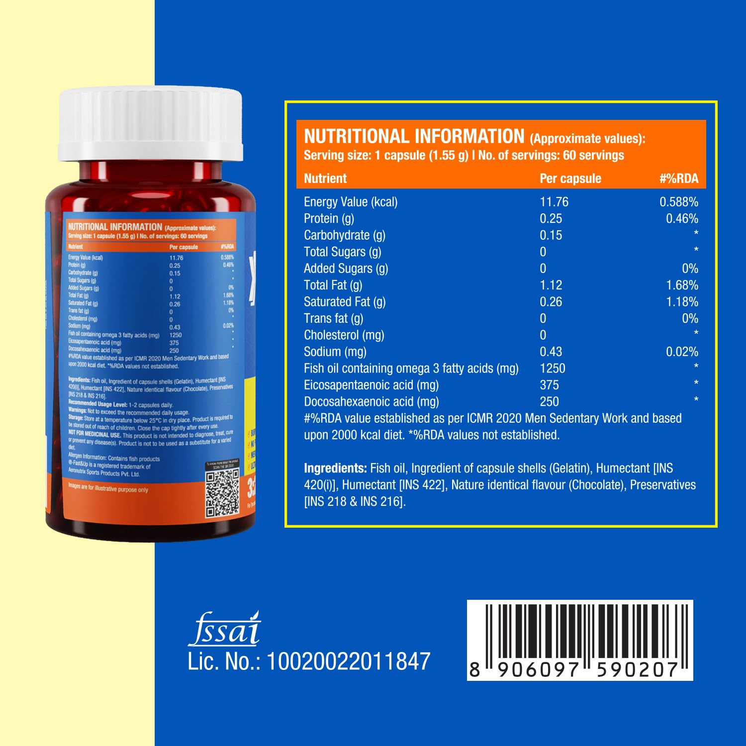 Supplement bottle with nutritional information panel on a blue and yellow background