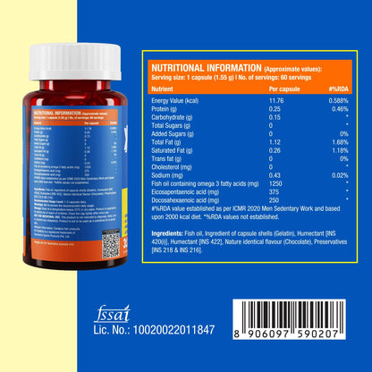 Supplement bottle with nutritional information panel on a blue and yellow background
