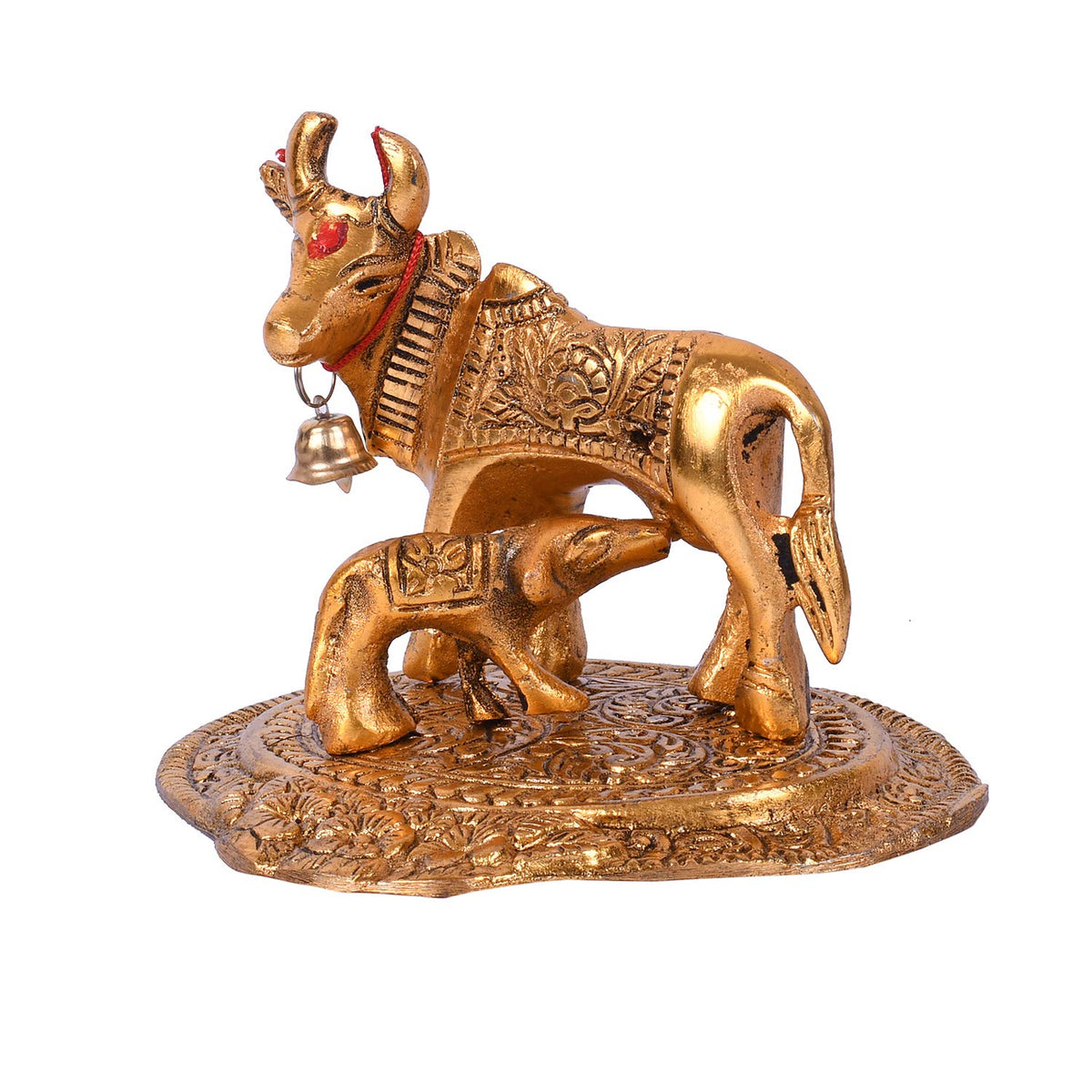 Kamdhenu Cow with Calf Metal Statue Figurine Decorative Gift Item Showpiece for Home Decor - Diwali Decorations Religious Items for Home (Set of 1), Golden, Figures;People;Religion