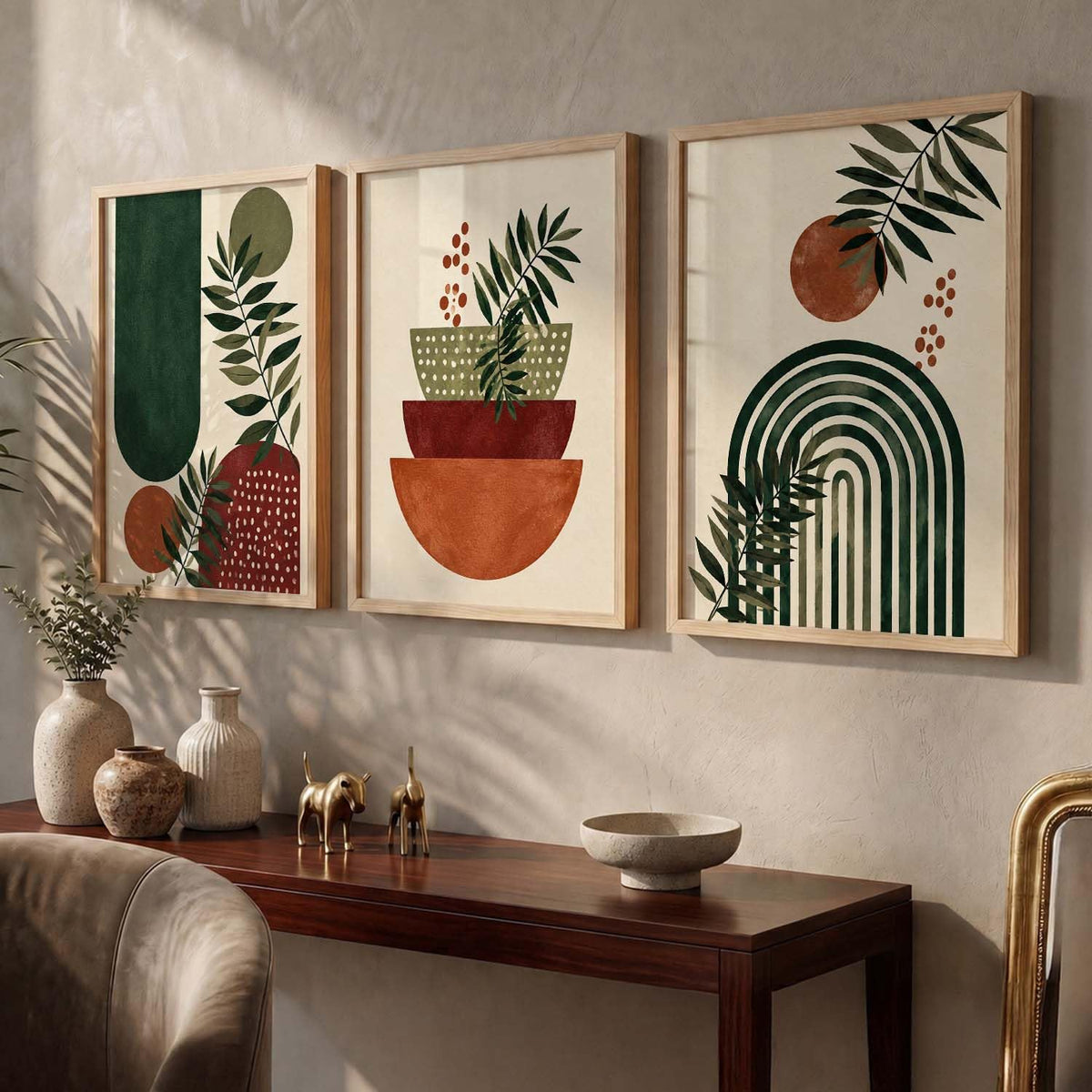 Aesthetic BOHO Wall Artwork | BOHO Paintings with Frame for Home Bedroom Living Room Hotel Interior Decor | Digital Reprint Set of 3 Modern | 13X17 Inch