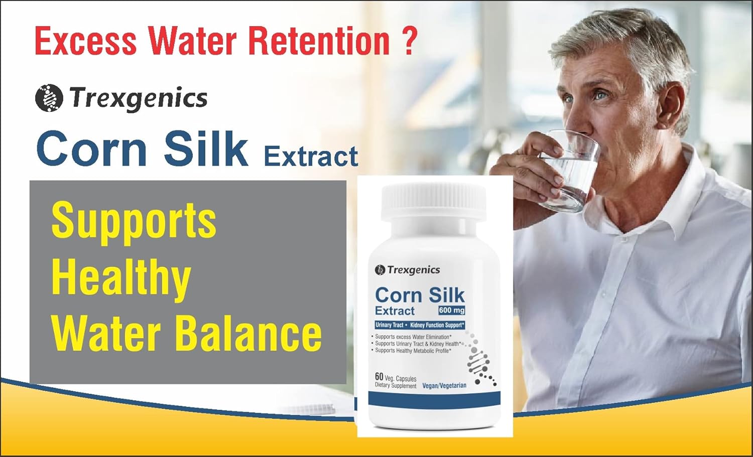 Advertisement for Trexgenics Corn Silk Extract showing a bottle and a person drinking water.