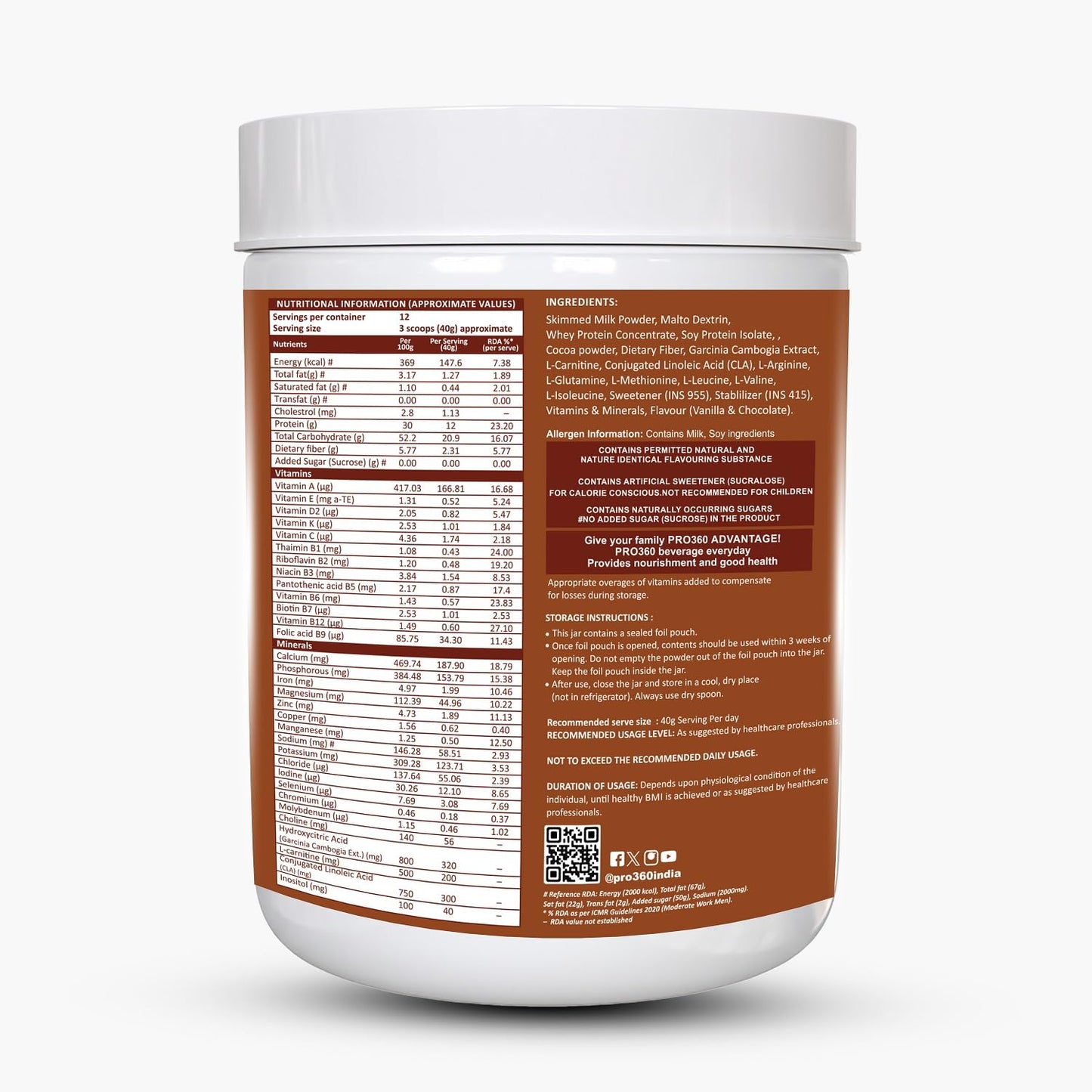 Pro360 ProSlim 500g Meal Replacement Shake Protein Powder Supplement for Men & Women | Dietary Supplement for Weight Management |No Added Sugar| | Choco Vanilla Flavor