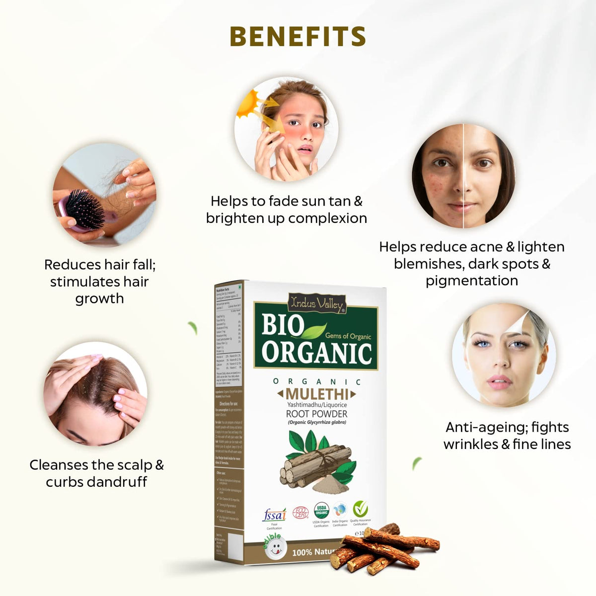 Bio Organic Mulethi Root Powder packaging with benefits listed on a white background