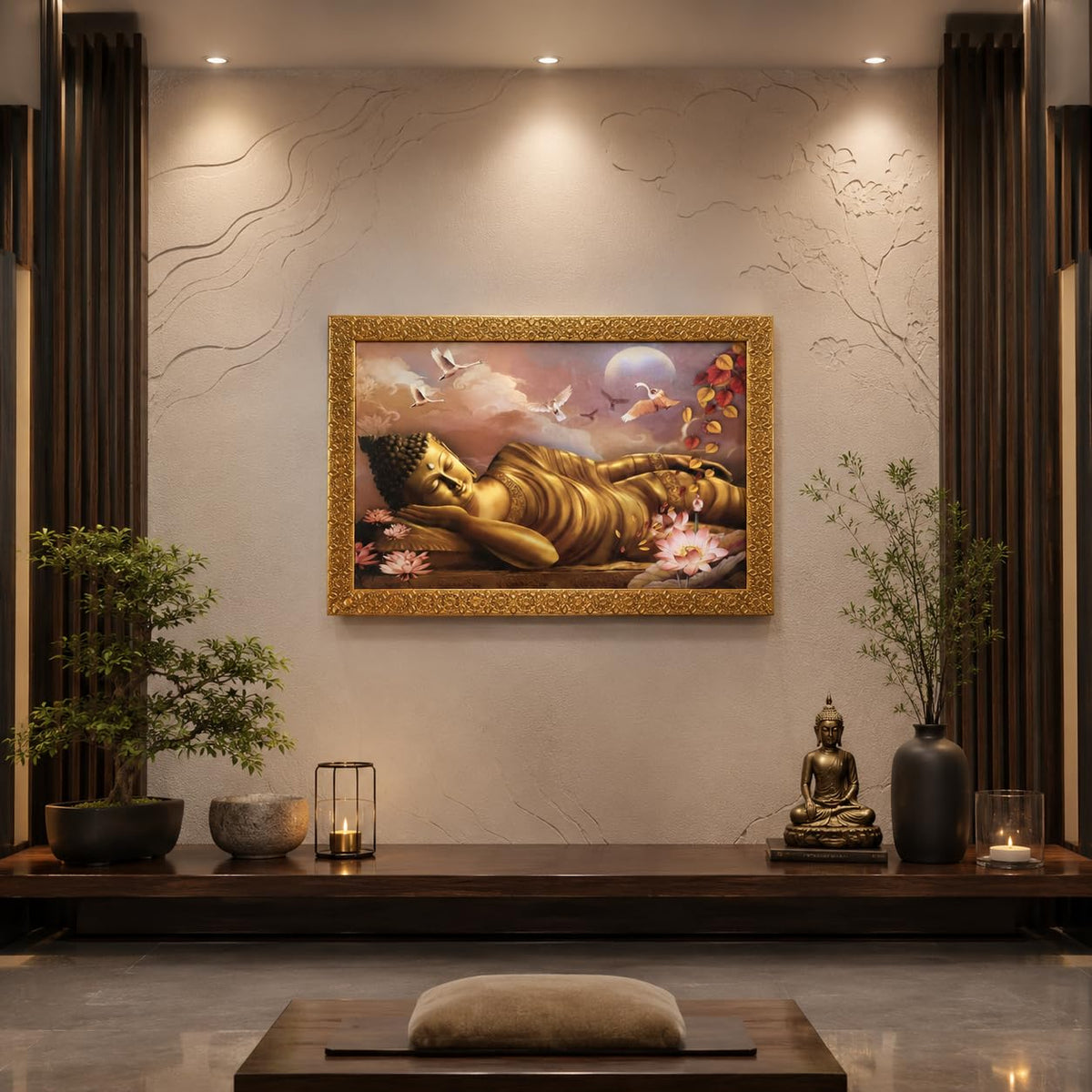 Buddha Art Framed Painting for Luck, Prosperity | Ready to Hang (Wooden Frame, 12inch x 18 inch, Golden)