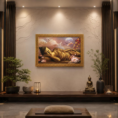 Buddha Art Framed Painting for Luck, Prosperity | Ready to Hang (Wooden Frame, 12inch x 18 inch, Golden)