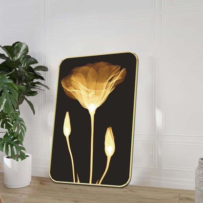 Golden Floral Wall Painting | Glowing Flower Artwork with Black Background | Modern Decorative MDF Frame for Living Room, Bedroom, Office & Home Interior Wall Décor (19 x 13 Inch) MG01-1038