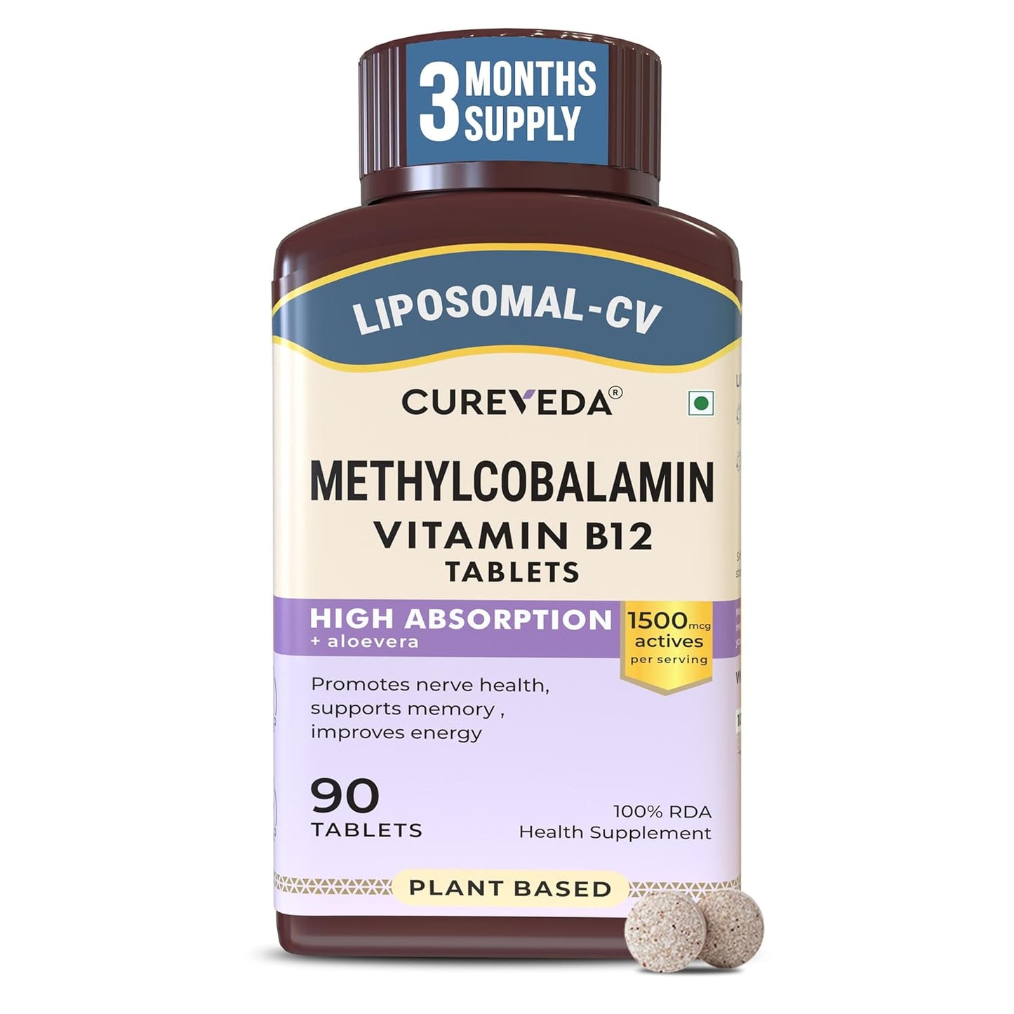 Cureveda Methylcobalamin Vitamin B12 supplement bottle on a white background
