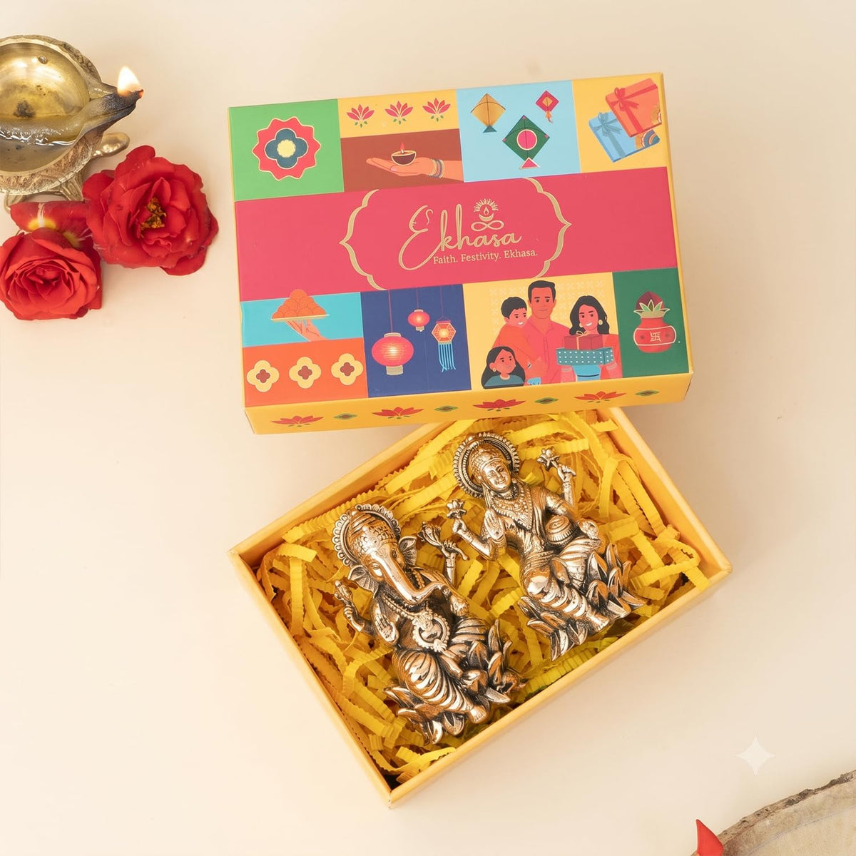 100% Pure Brass Lakshmi Ganesh Idol with Gift Box | Pital Murti for Pooja Room Decor Office Desk | Religious Housewarming Grah Pravesh Diwali Wedding Gift for Couple