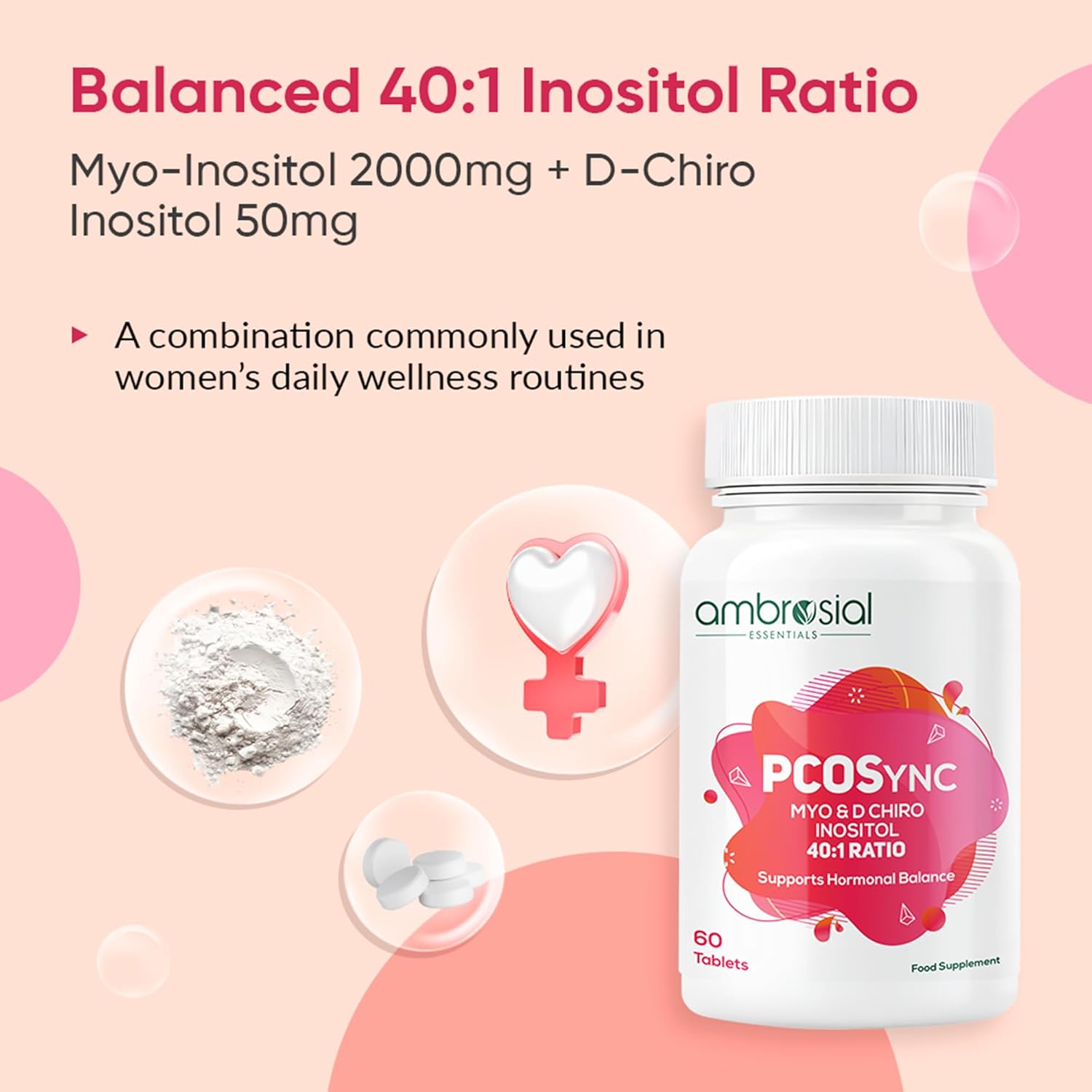 Ambrosial PCOSync supplement bottle with product details on a pink background