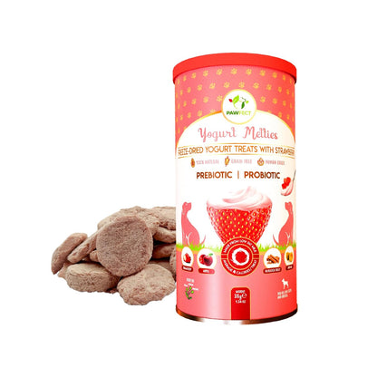 Pawfect Yogurt Melties Freeze-Dried Pre and Probiotic Dog Treats with Yogurt, Strawberry, Apple, Burdock Root and Papaya - Gut Health - Low Calorie Snacks - Grain-Free Dog Training Treats (38g/1.34oz)