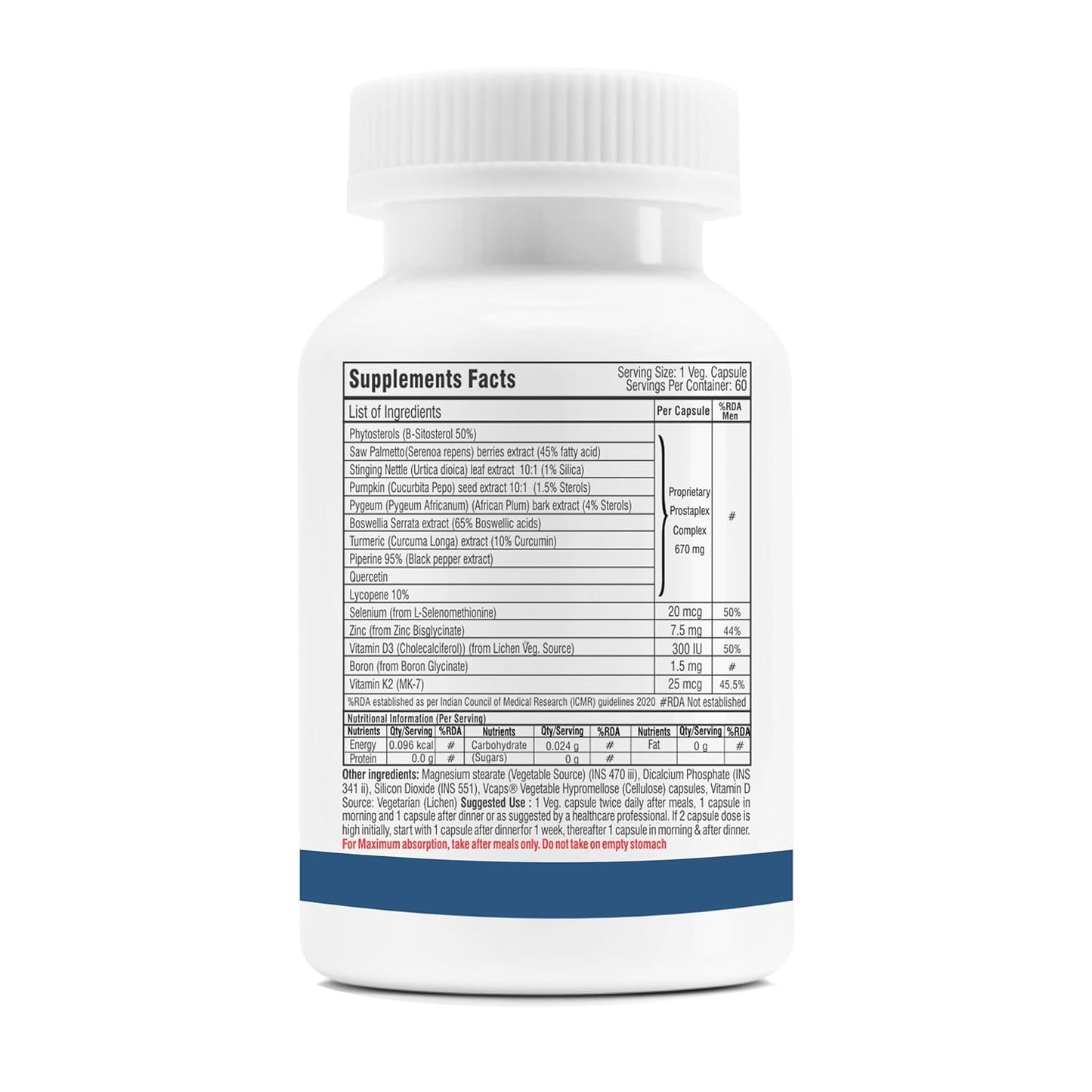 Supplement bottle with label showing ingredients and nutritional information on a white background