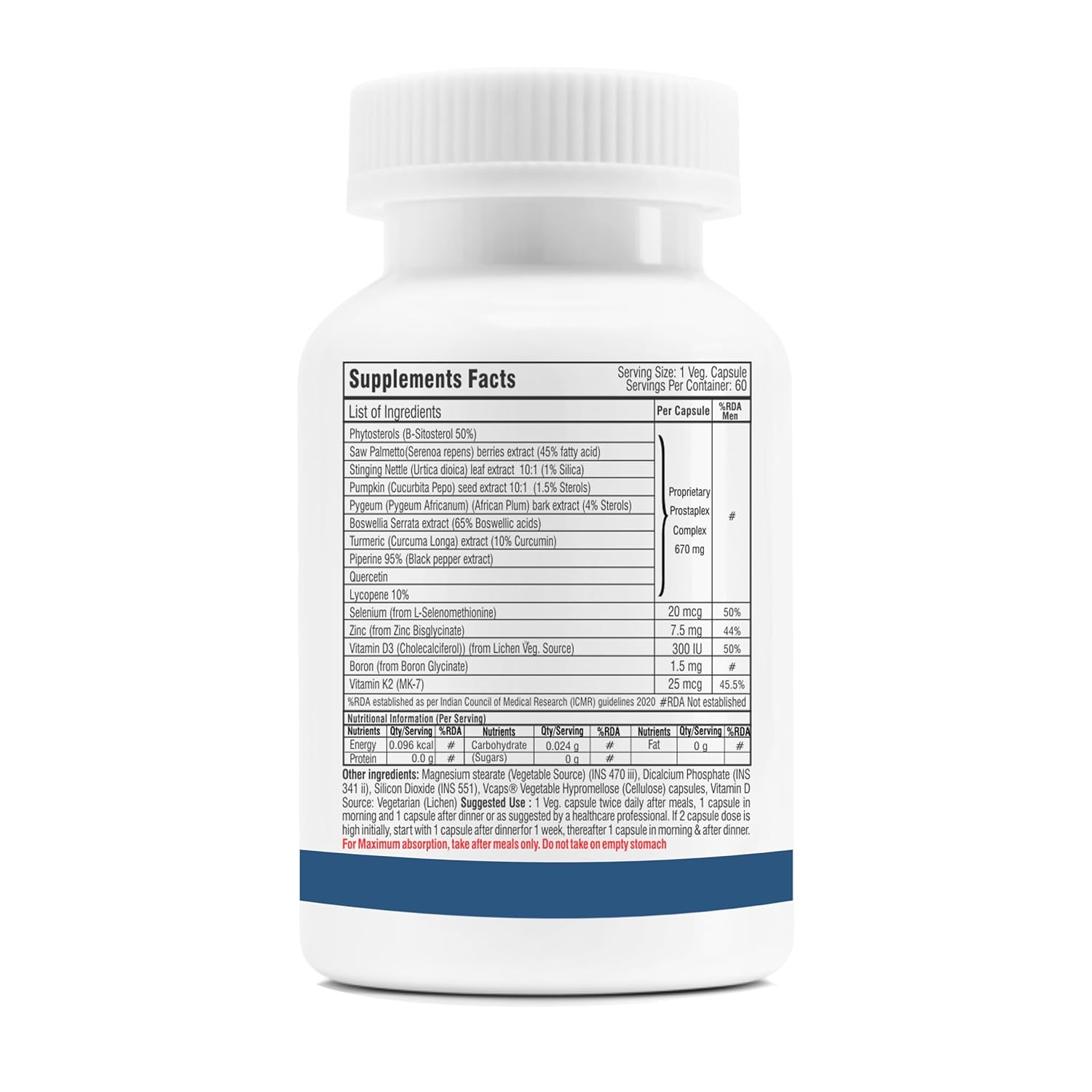 Supplement bottle with label showing ingredients and nutritional information on a white background