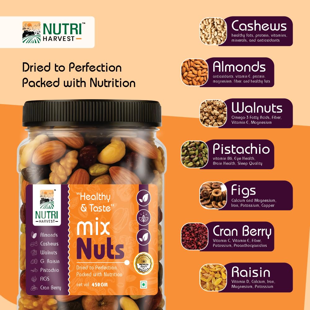 NUTRI HARVEST Premium Mixed Nuts and Dried Fruits 250g,| Almonds, Cashews, Walnuts, Pistachios, Figs, Raisins, Cran berry| Fit for fasting| Resealable jar for freshness