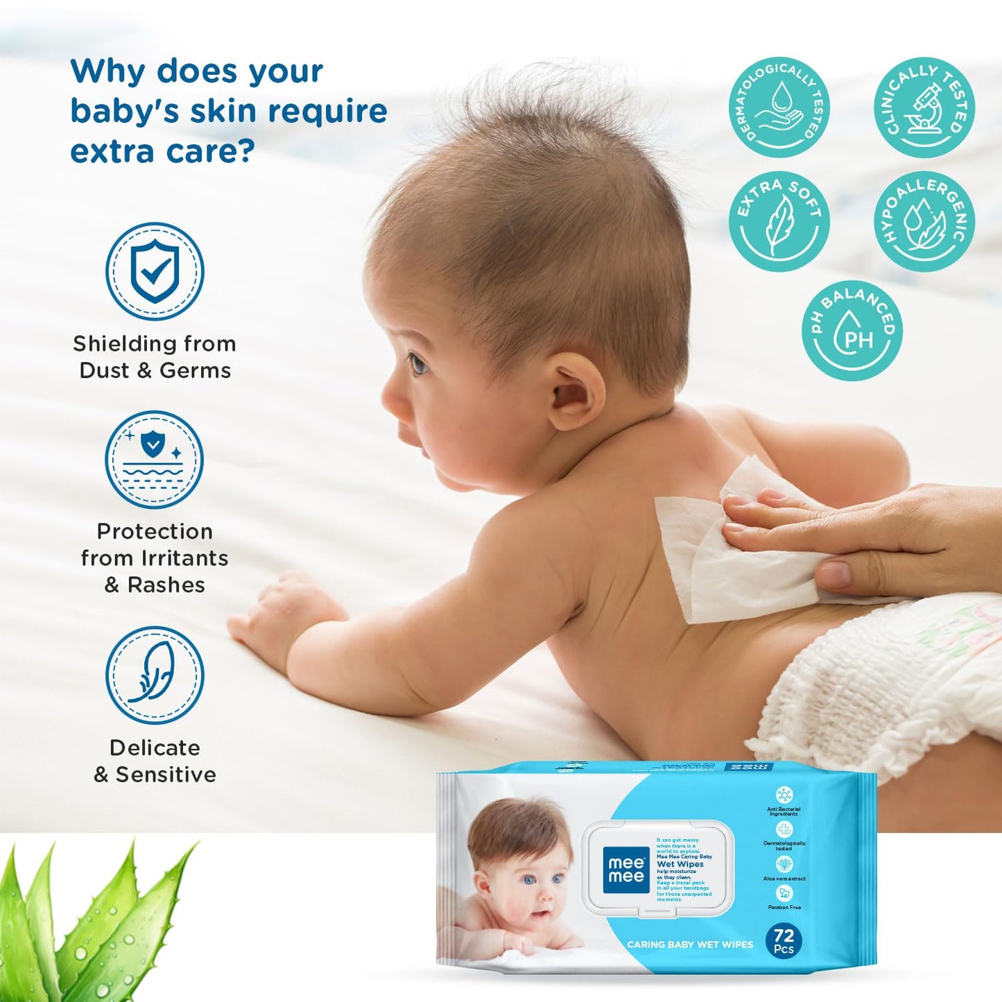Mee Mee Multipurpose Baby Wipes - Aloe-Infused Hygiene, Mess-Free Mealtimes, Dermatologically Tested, Alcohol-Free, and Resealable Packaging for Baby's Delicate Skin With LId (72 PCS)