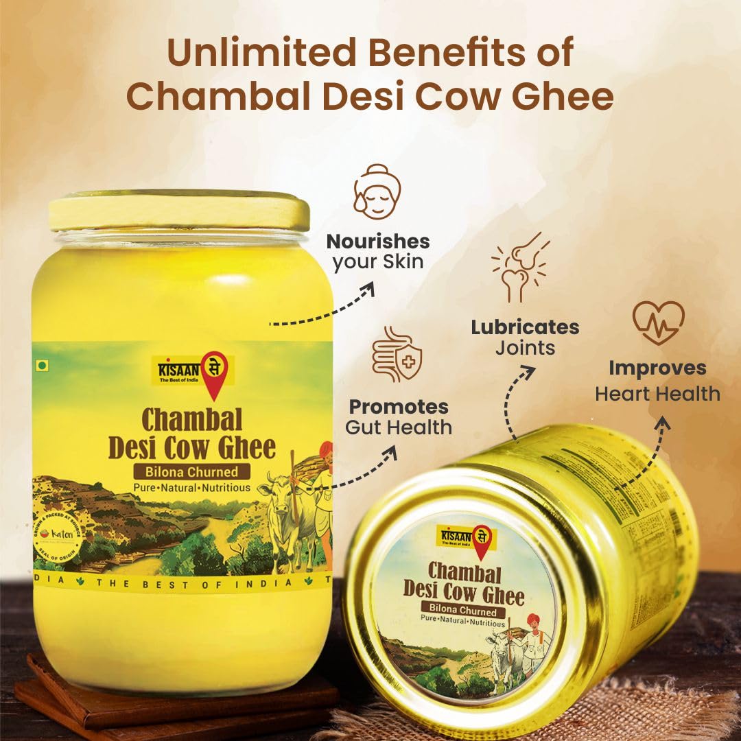 Kisaansay Chambal Desi Cow Ghee | 100% Pure Desi Cow Ghee | Traditionally Bilona Churned | Promotes Gut & Heart Health | Immunity Booster | Rich in Nutrients | Vedic Method | Authentic Ghee