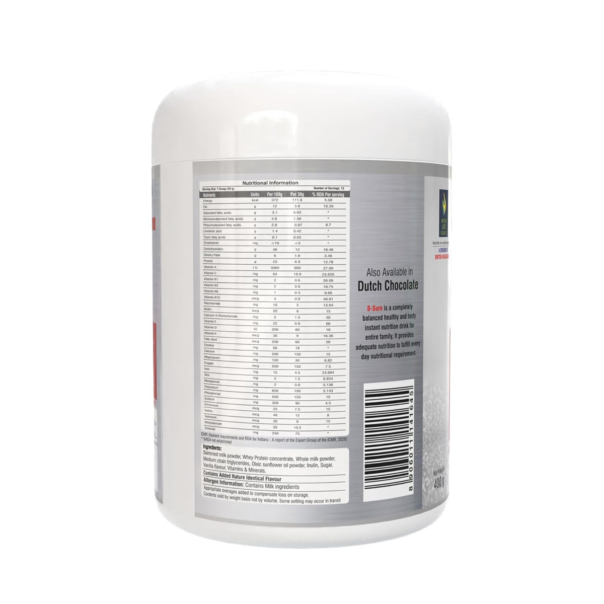 Nutritional supplement container with label on a white background