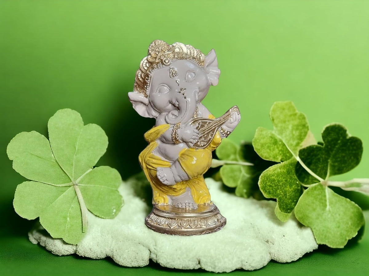 5 Inch Resin Ganesha Idol for Home Decor | Beautiful Ganesh Murti for House Temple, Mandir, Gift Items | Ganpati Playing Guitar Figurine Showpiece Sculpture for Office Desk