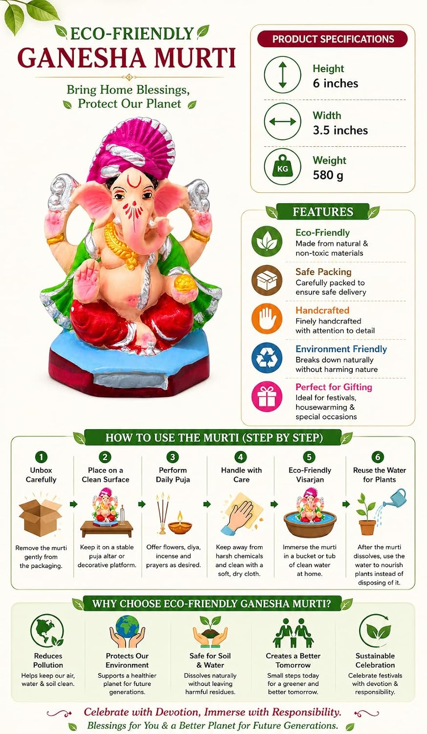 DORAYA EARTH CREATION Clay Ganpati Murti Handmade Eco-Friendly Multicolour Ganesh Idol for Home Temple, Ghar Pooja, Ganesh Chaturthi Decoration, Office Desk & Festive Gift | 6.5 Inch (Green)