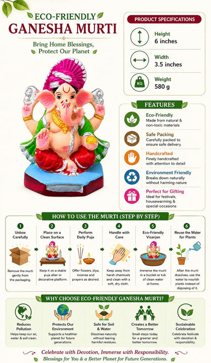 DORAYA EARTH CREATION Clay Ganpati Murti Handmade Eco-Friendly Multicolour Ganesh Idol for Home Temple, Ghar Pooja, Ganesh Chaturthi Decoration, Office Desk & Festive Gift | 6.5 Inch (Green)