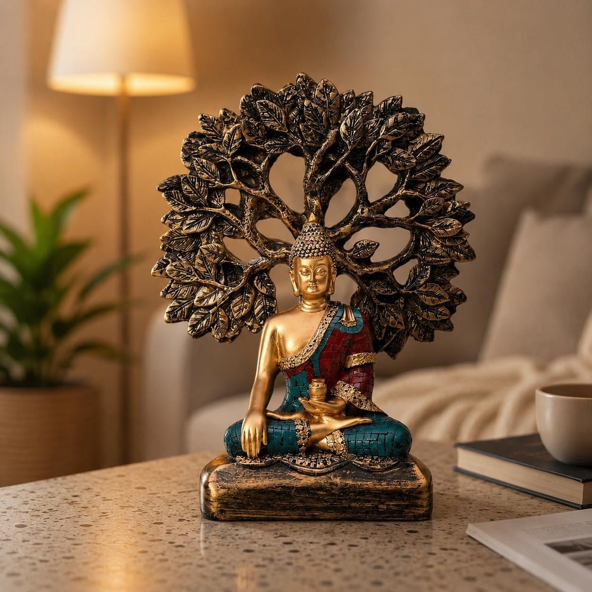 Handcrafted Buddha Showpiece with Tree for Home Décor (Pack of 1, Multi)