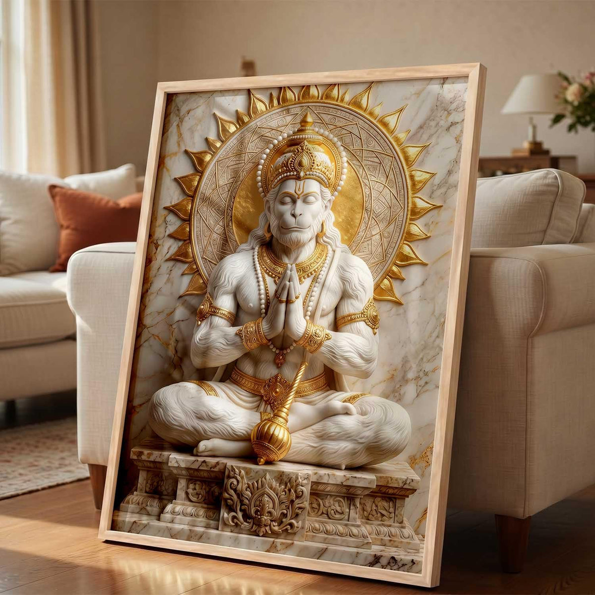 Hindu God Wall Art WALL ART Prints Framed Spiritual Religious Paintings for Living Room, Pooja Room, Bedroom, Office, Meditation Room, Home Decor (Hanuman ji, 13X19, Brown)