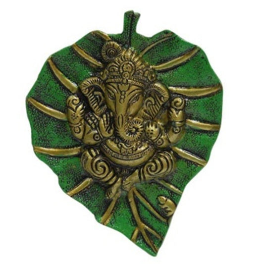 eCraftIndia Metal Golden Lord Ganesha Idol On Green Leaf Ganesha Wall Hanging Decorative Showpiece for Wall Decor- Diwali Decoration Items for Home Decor- Gift for Diwali Ganesh Chaturthi Housewarming
