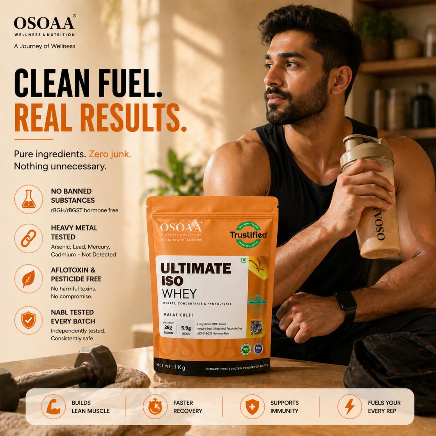 Man holding a protein shake with Osoaa Ultimate ISO Whey packaging and promotional text in the background.