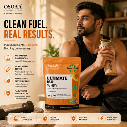 Man holding a protein shake with Osoaa Ultimate ISO Whey packaging and promotional text in the background.