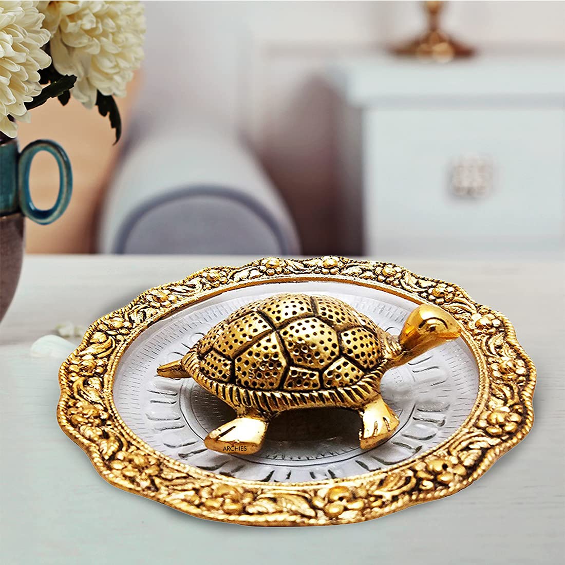 Fengshui Metal Turtle Tortoise Kachua on Crystal Plate Vastu Statue Figurine Idol-HTMTL02A22