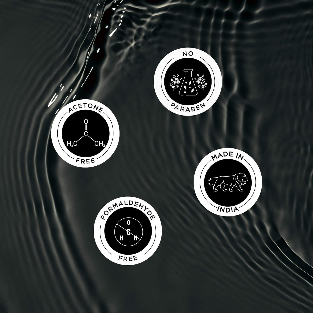 Four circular icons with text on a black background with water-like texture