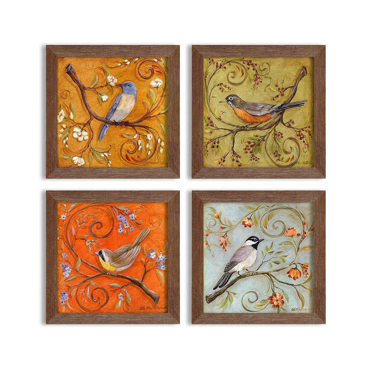 Multicolor Birds Wall Art Painting for living room, birds floral Framed painting, set of 4, 9x9 Inch