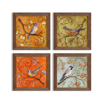 Multicolor Birds Wall Art Painting for living room, birds floral Framed painting, set of 4, 9x9 Inch