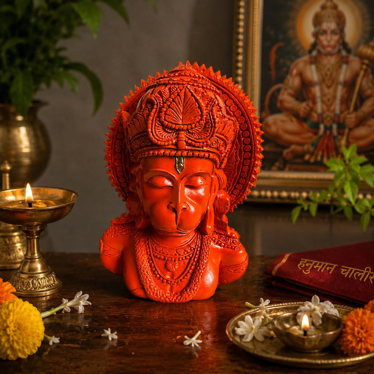 Lord Hanuman Ji Idol for Home Décor | Orange Hanuman Bust Statue with Intricate Detailing | Spiritual Decorative Showpiece for Temple, Living Room & Gifting