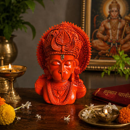 Lord Hanuman Ji Idol for Home Décor | Orange Hanuman Bust Statue with Intricate Detailing | Spiritual Decorative Showpiece for Temple, Living Room & Gifting