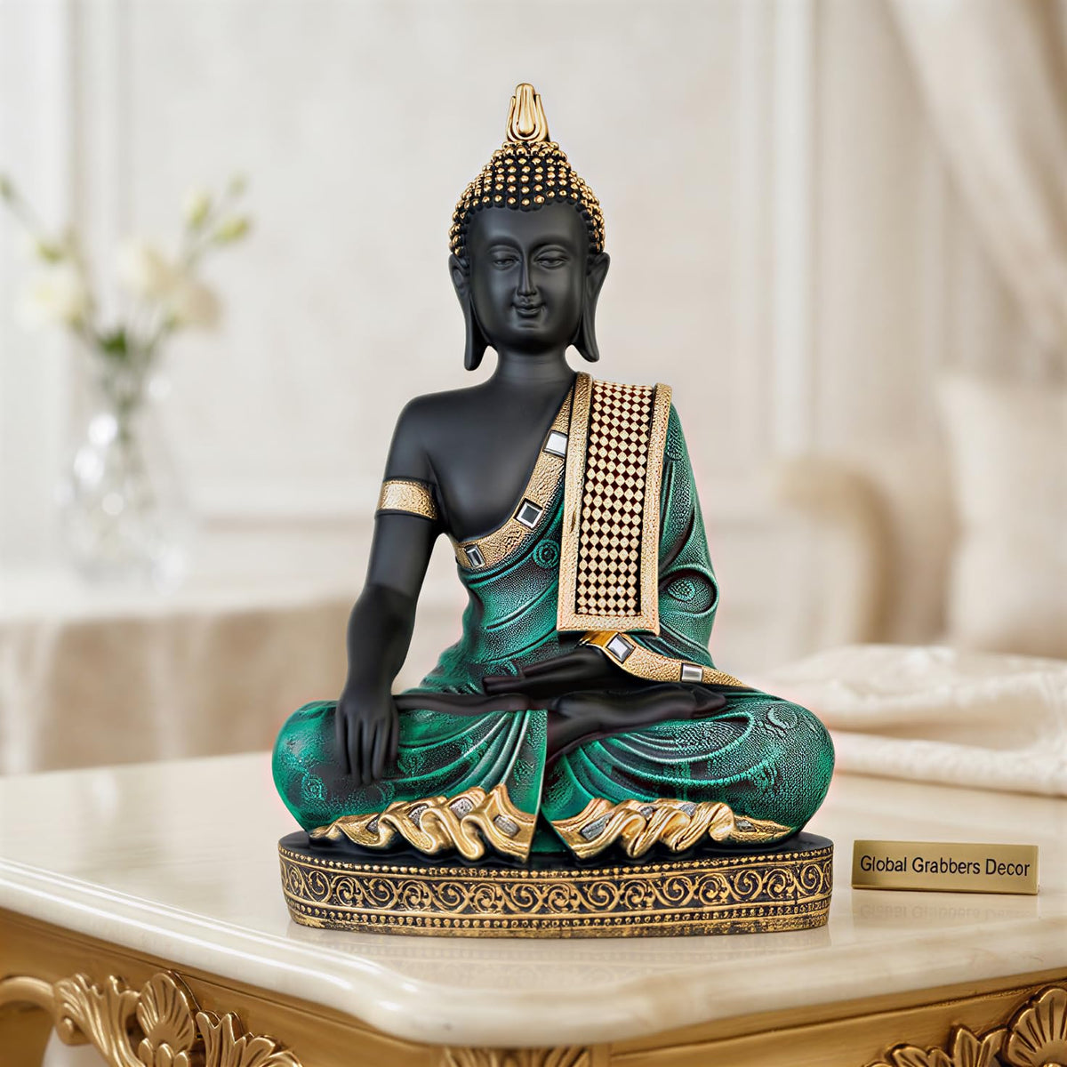 Buddha Idol Statue | Home Decoration Items for Living Room (Green Black)