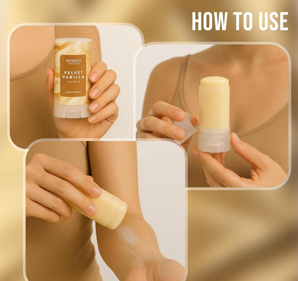 Step-by-step guide on how to use a skincare product with close-up shots of hands holding and applying the product.