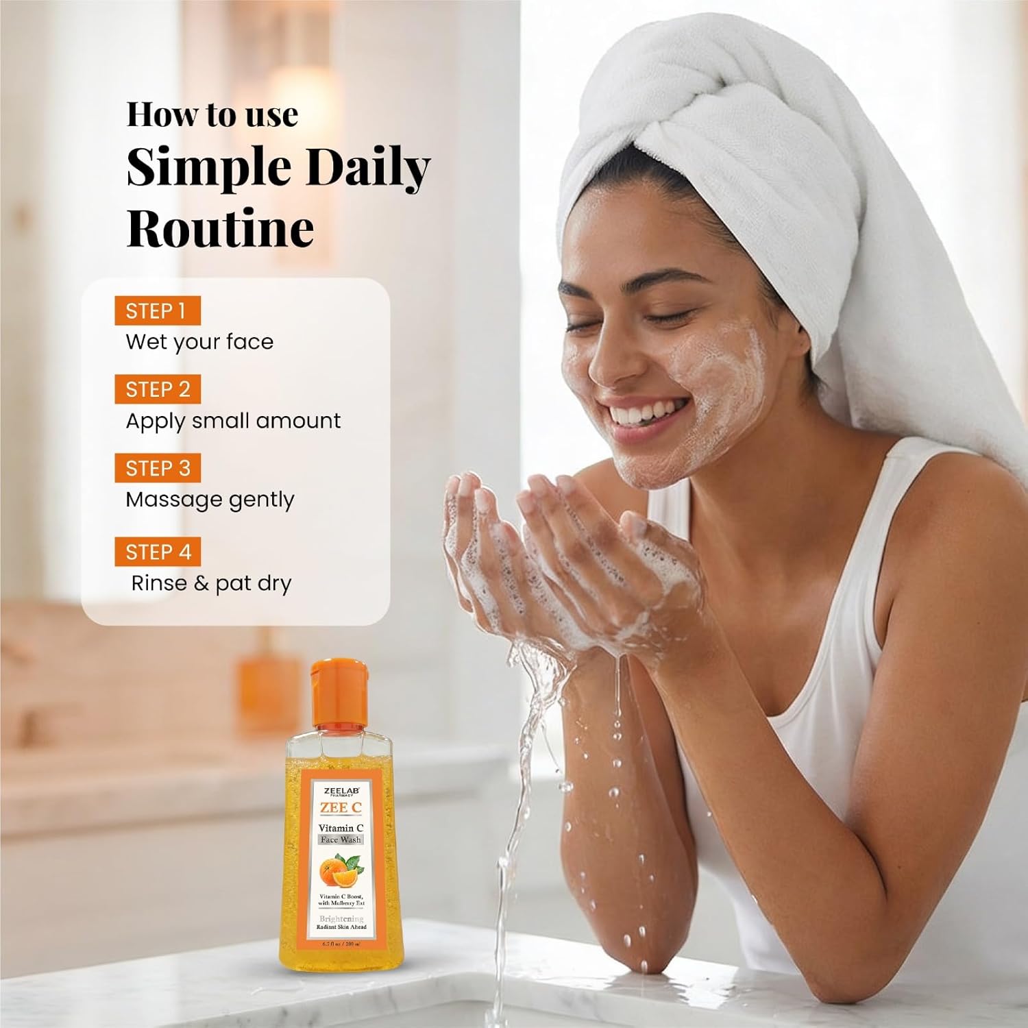 Woman washing her face with a bottle of 'Simple Daily Routine' product in a bathroom setting.