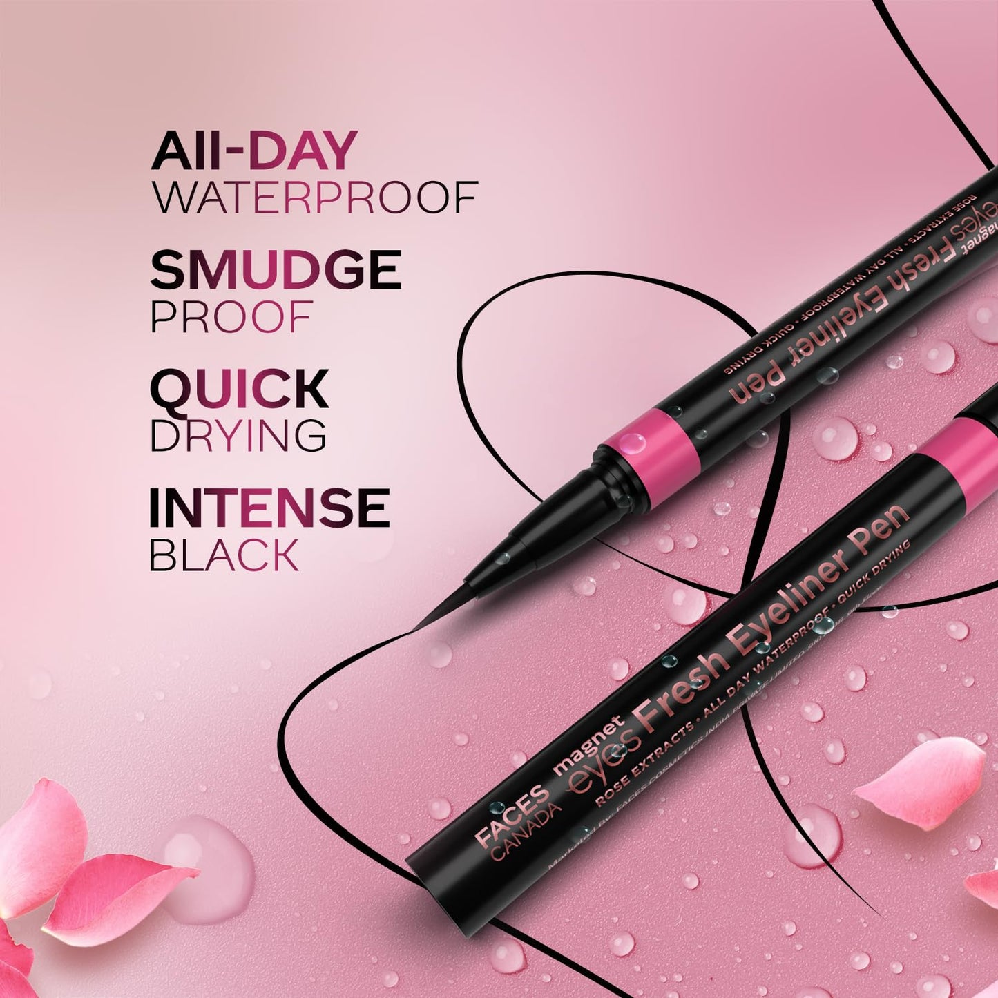 FACESCANADA Magneteyes Fresh Eyeliner Pen - Black, 1ml | All - Day Waterproof & Smudgeproof | Long-Lasting | Matte Intense Color Payoff | Quick Drying & One Stroke Application | Rose Extract