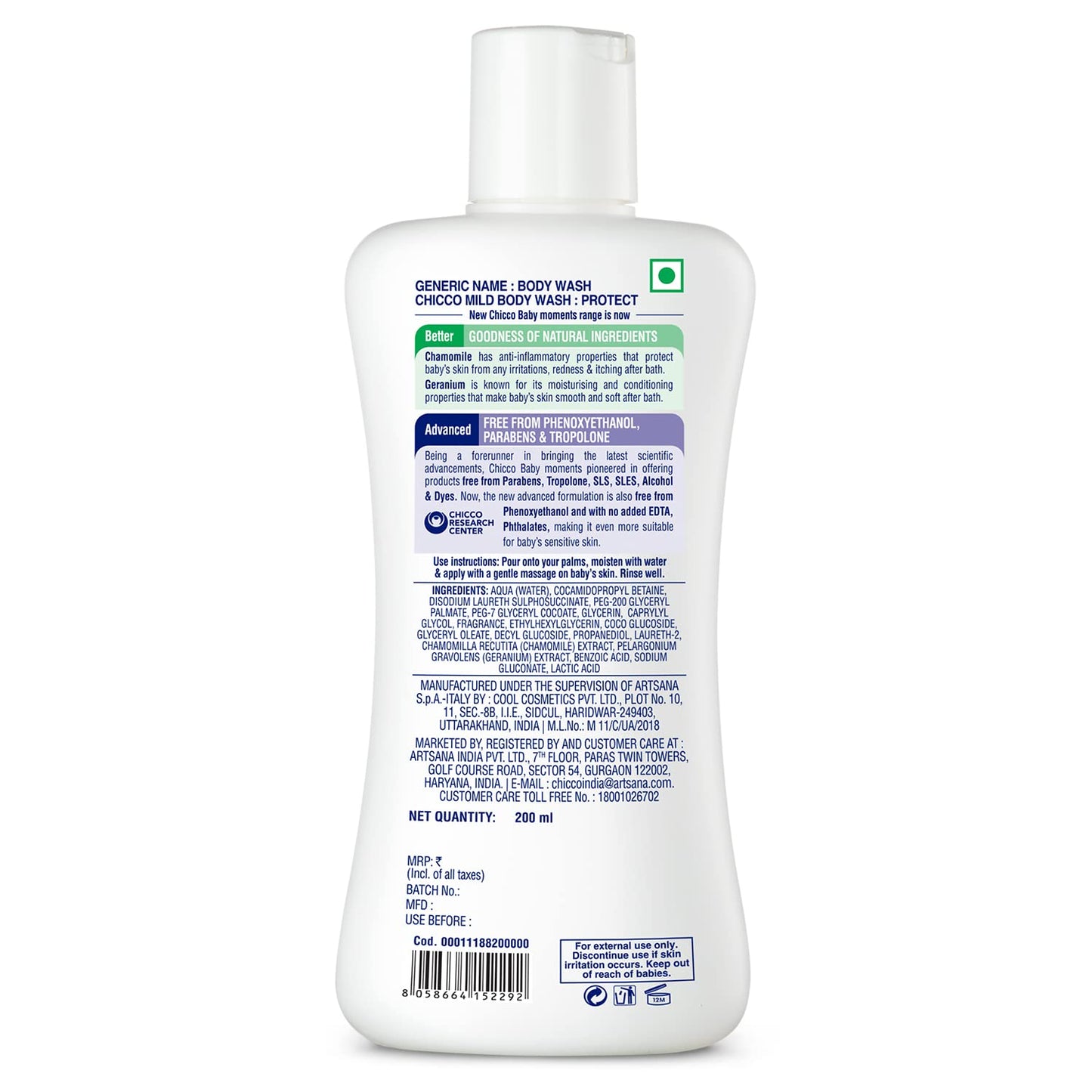 Chicco Baby Moments Mild Body Wash Protect, New Advanced formula with Natural Ingredients, No tears, Suitable for Baby’s Body Wash, No Phenoxyethanol and Parabens (200ml)