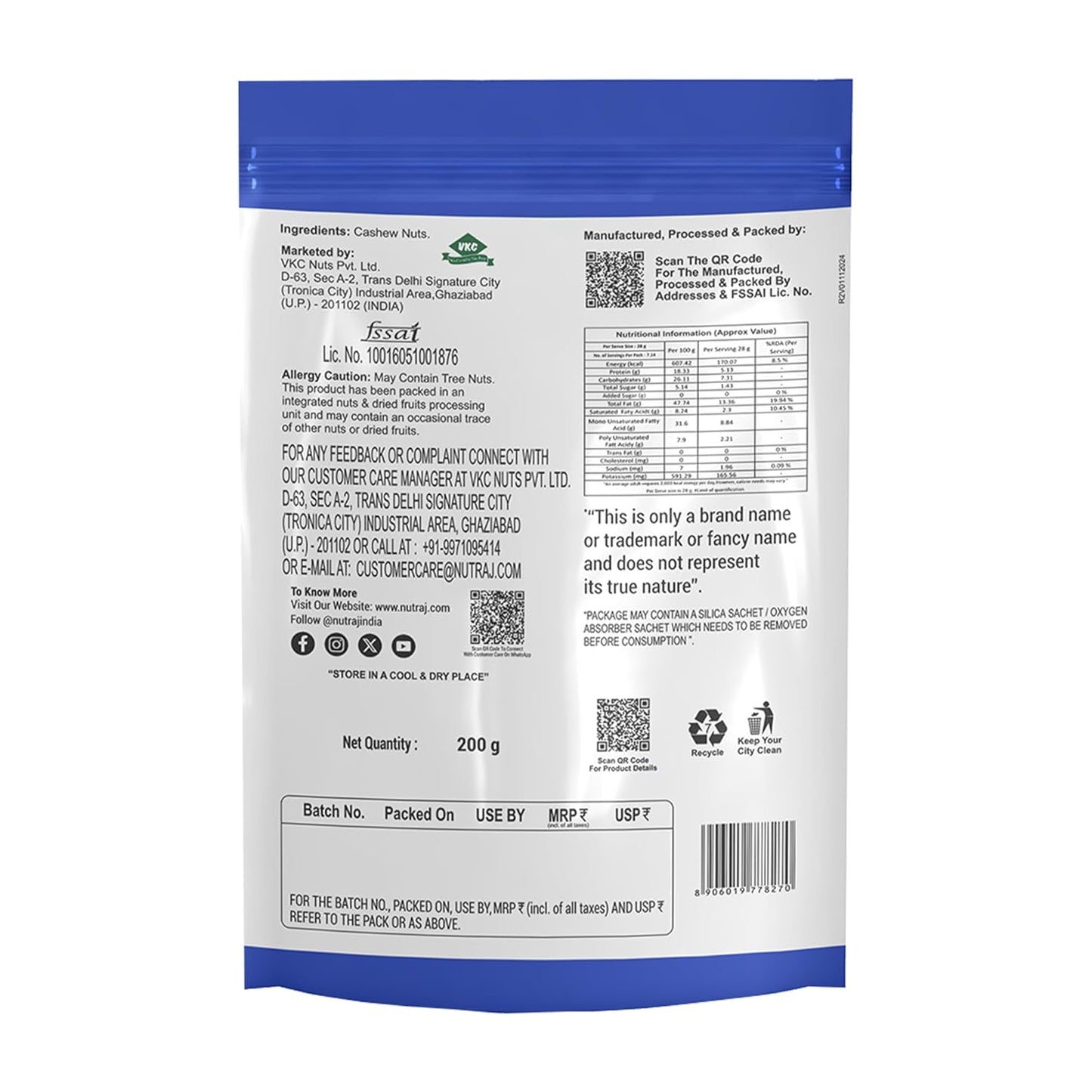 Nutraj Whole W320 Cashew Nuts 200g Pouch | Kaju | Dry Fruits and Nuts | Grocery Items